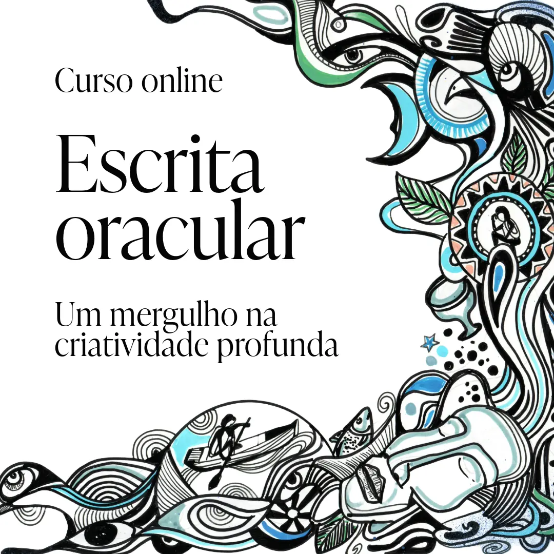 Capa do curso Escrita Oracular, com ilustração em nanquim de olhos, luas, rio, canoa e peixes
